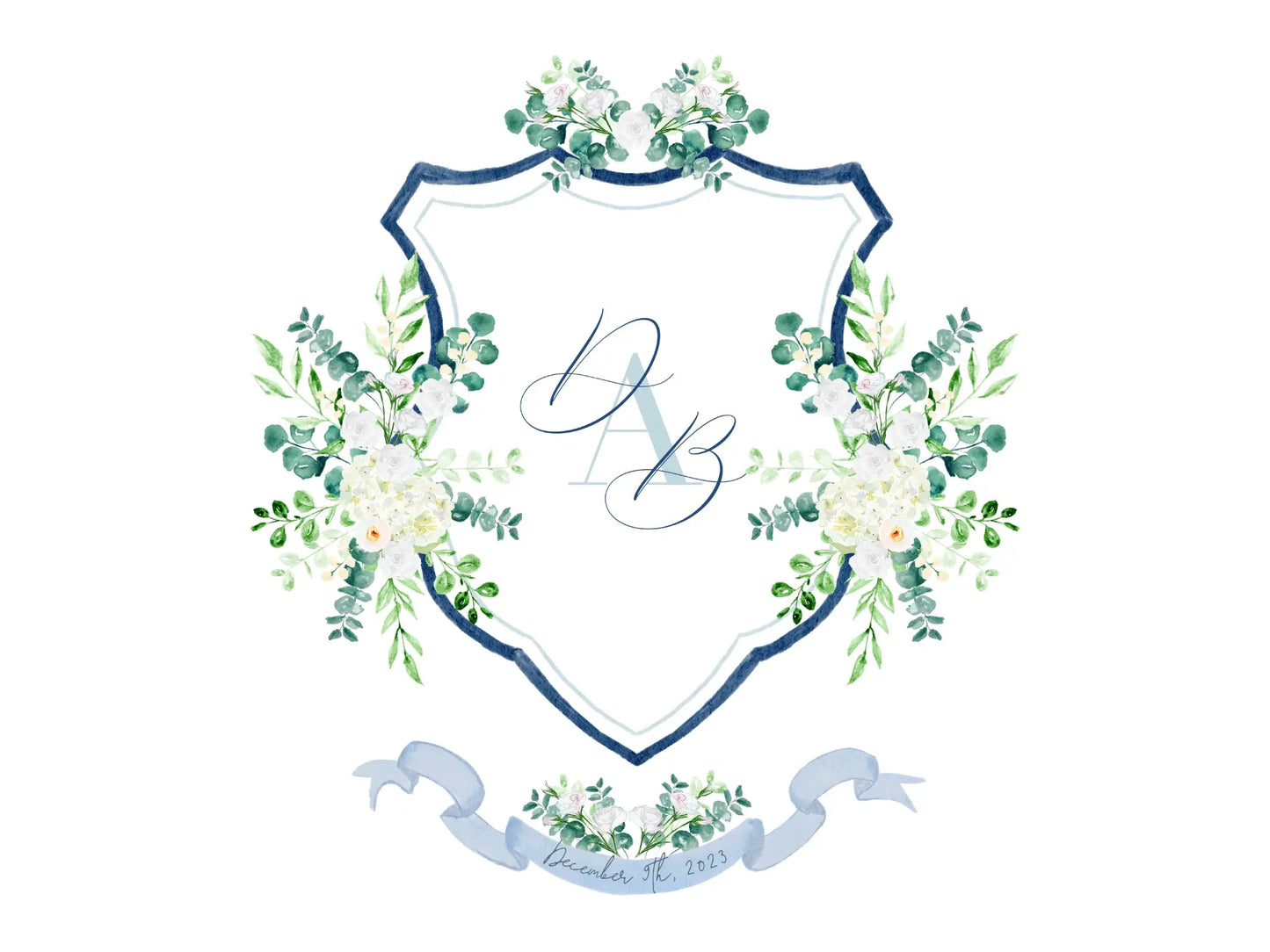 Blue navy wedding crest with white watercolor flowers The Wedding Crest Lab