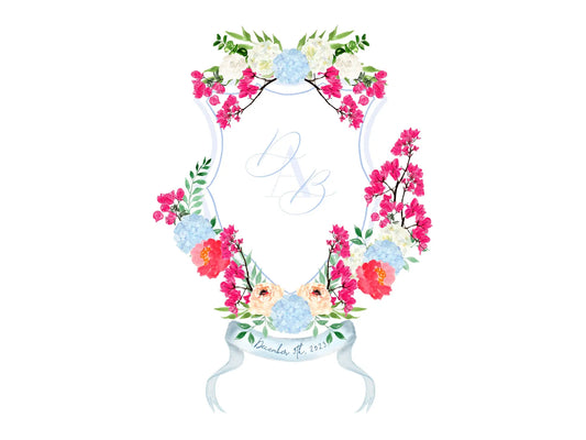 Bougainvillea watercolor crest with hydrangeas The Wedding Crest Lab