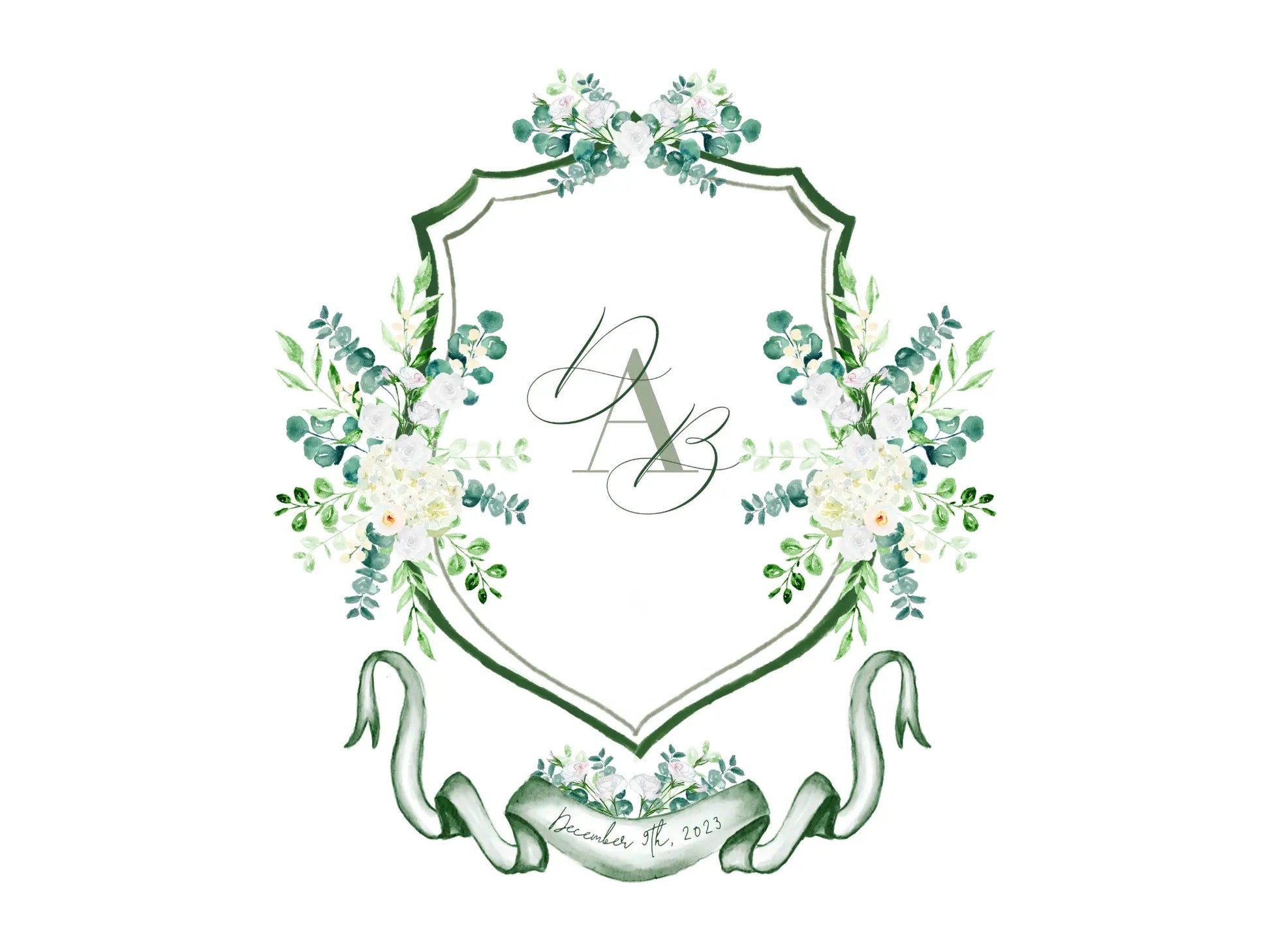 Eucalyptus wedding crest with white watercolor flowers The Wedding Crest Lab
