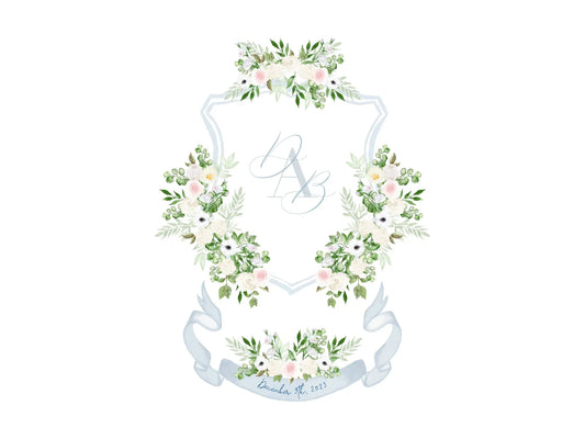 Dusty Blue and White Wedding Crest, White floral watercolor crest The Wedding Crest Lab