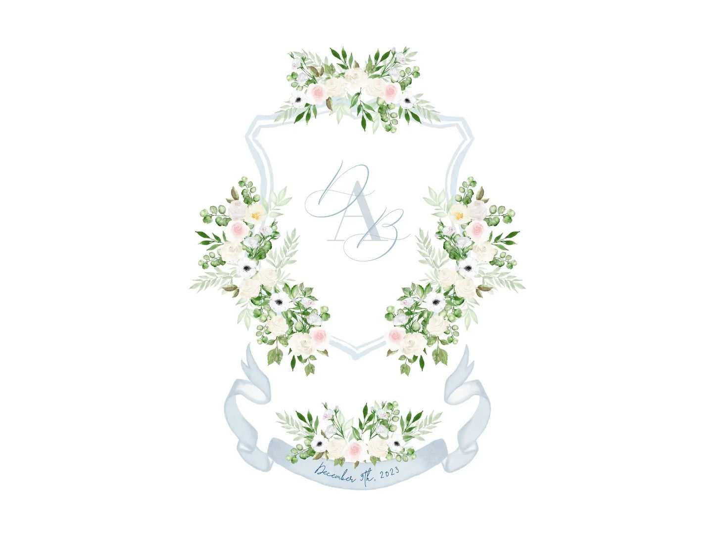Dusty Blue and White Wedding Crest, White floral watercolor crest The Wedding Crest Lab