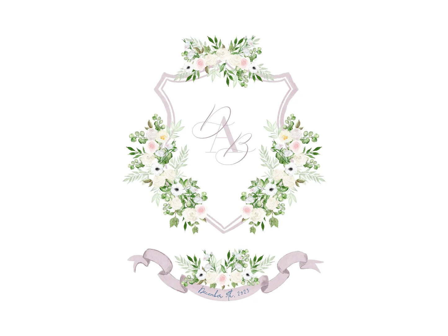 Mauve and White Wedding Crest, White floral watercolor crest The Wedding Crest Lab