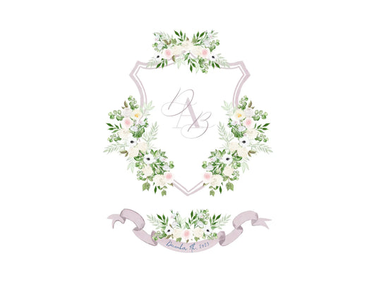 Mauve and White Wedding Crest, White floral watercolor crest The Wedding Crest Lab