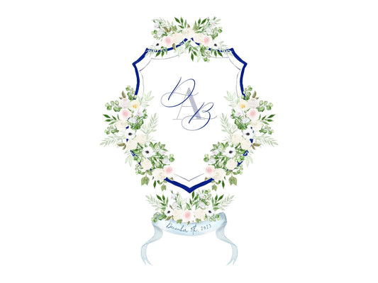 Navy Blue and White Wedding Crest, White floral watercolor crest The Wedding Crest Lab