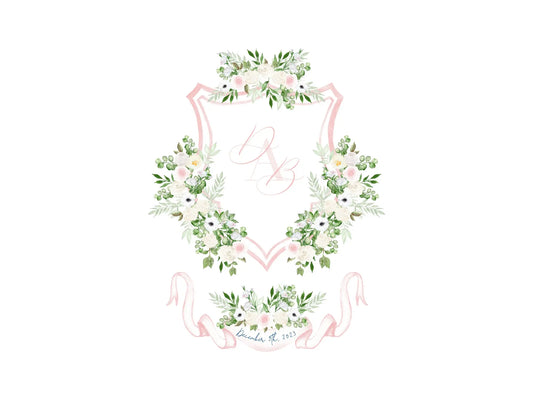 Pink and White Wedding Crest, White floral watercolor crest The Wedding Crest Lab