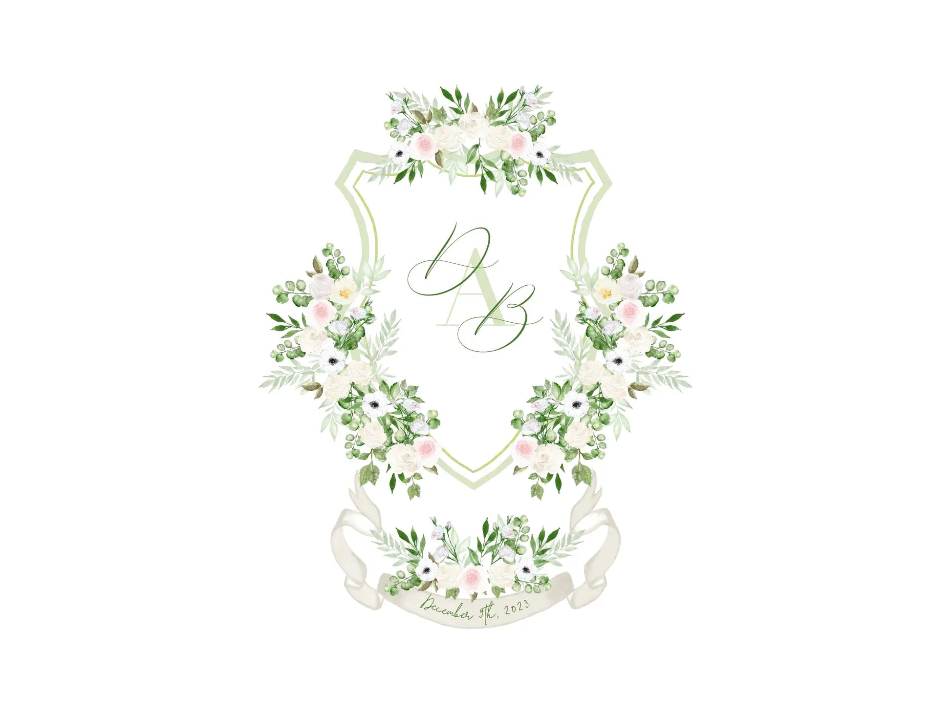White Wedding Crest, White floral watercolor crest The Wedding Crest Lab