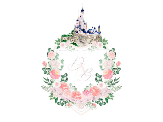 Pink floral wedding crest with watercolor castle The Wedding Crest Lab