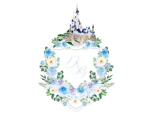 Dusty blue floral wedding crest with watercolor castle
