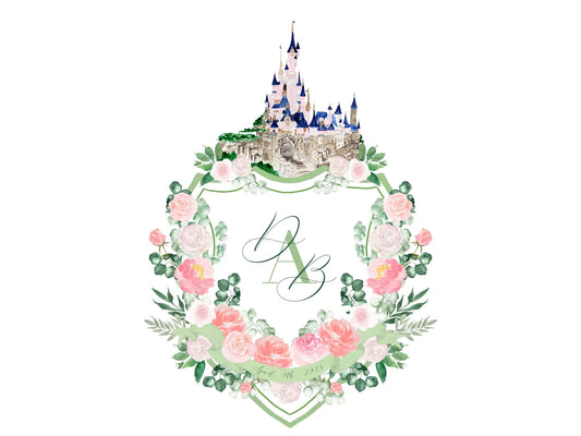 Blush floral wedding crest with watercolor castle The Wedding Crest Lab