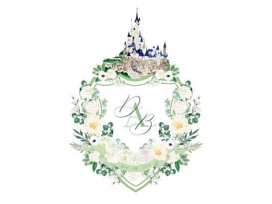 White floral wedding crest with watercolor castle