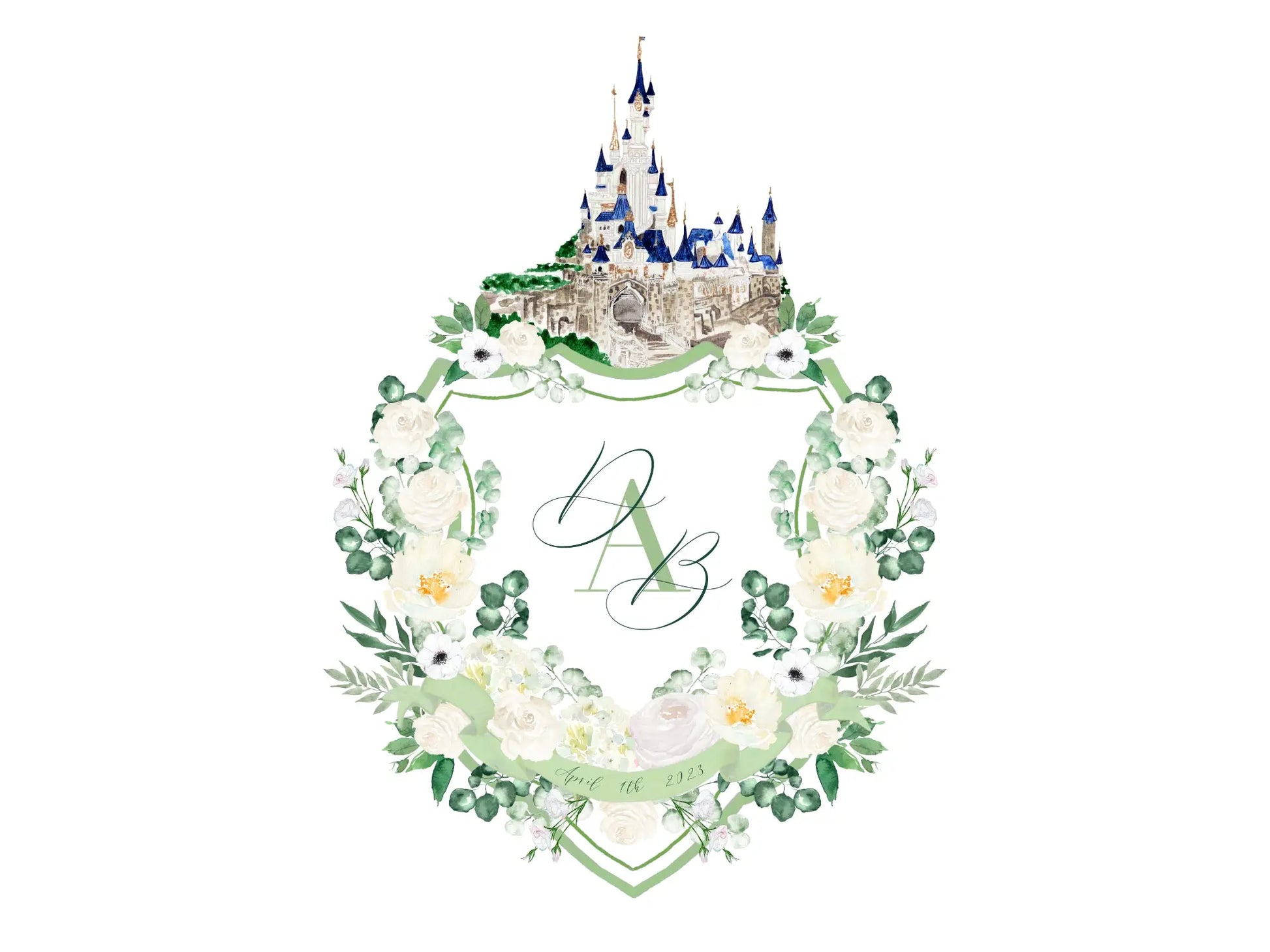 White floral wedding crest with watercolor castle The Wedding Crest Lab