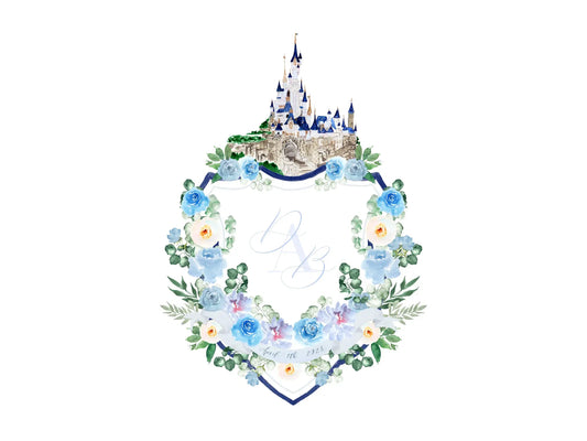 Blue floral wedding crest with watercolor castle The Wedding Crest Lab