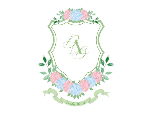 Blue and Pink Hydrangea Wedding Crest