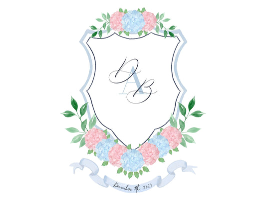 Blue and Pink Hydrangea Wedding Crest
