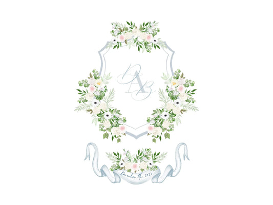 Blue and White Wedding Crest, White floral watercolor crest The Wedding Crest Lab