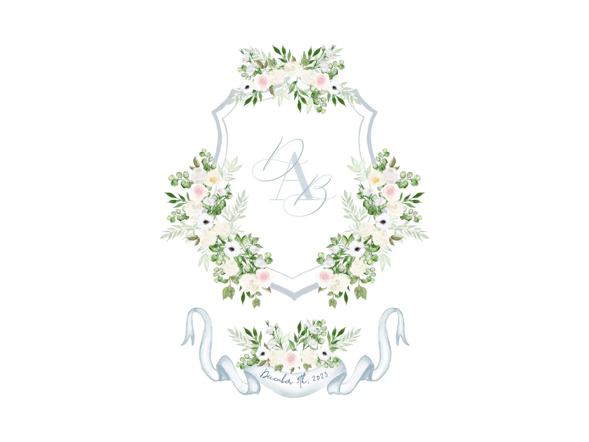 Blue and White Wedding Crest, White floral watercolor crest The Wedding Crest Lab