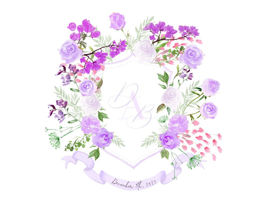 Purple Lilac Garden Roses Wedding Crest