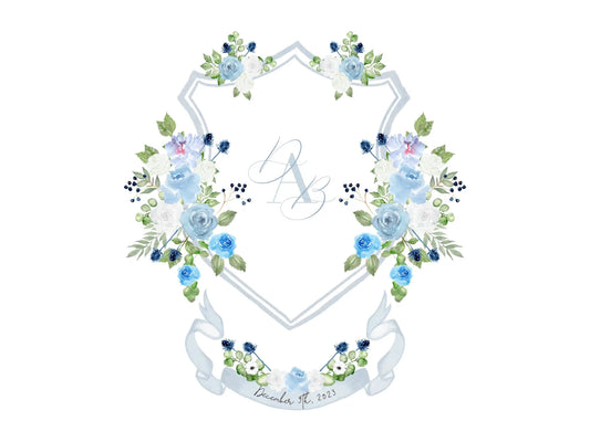 Dusty blue Roses and Peonies wedding crest, monogram crest, watercolor crest, light blue floral crest