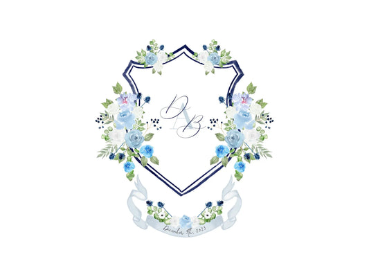 Navy blue Roses and Peonies wedding crest, monogram crest, watercolor crest, light blue floral crest The Wedding Crest Lab