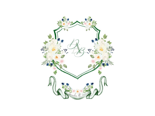 Sage wedding crest, monogram crest, watercolor crest, white floral crest