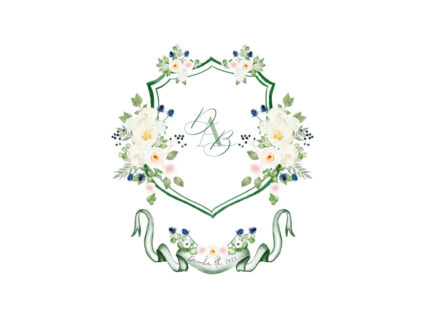 Sage wedding crest, monogram crest, watercolor crest, white floral crest The Wedding Crest Lab