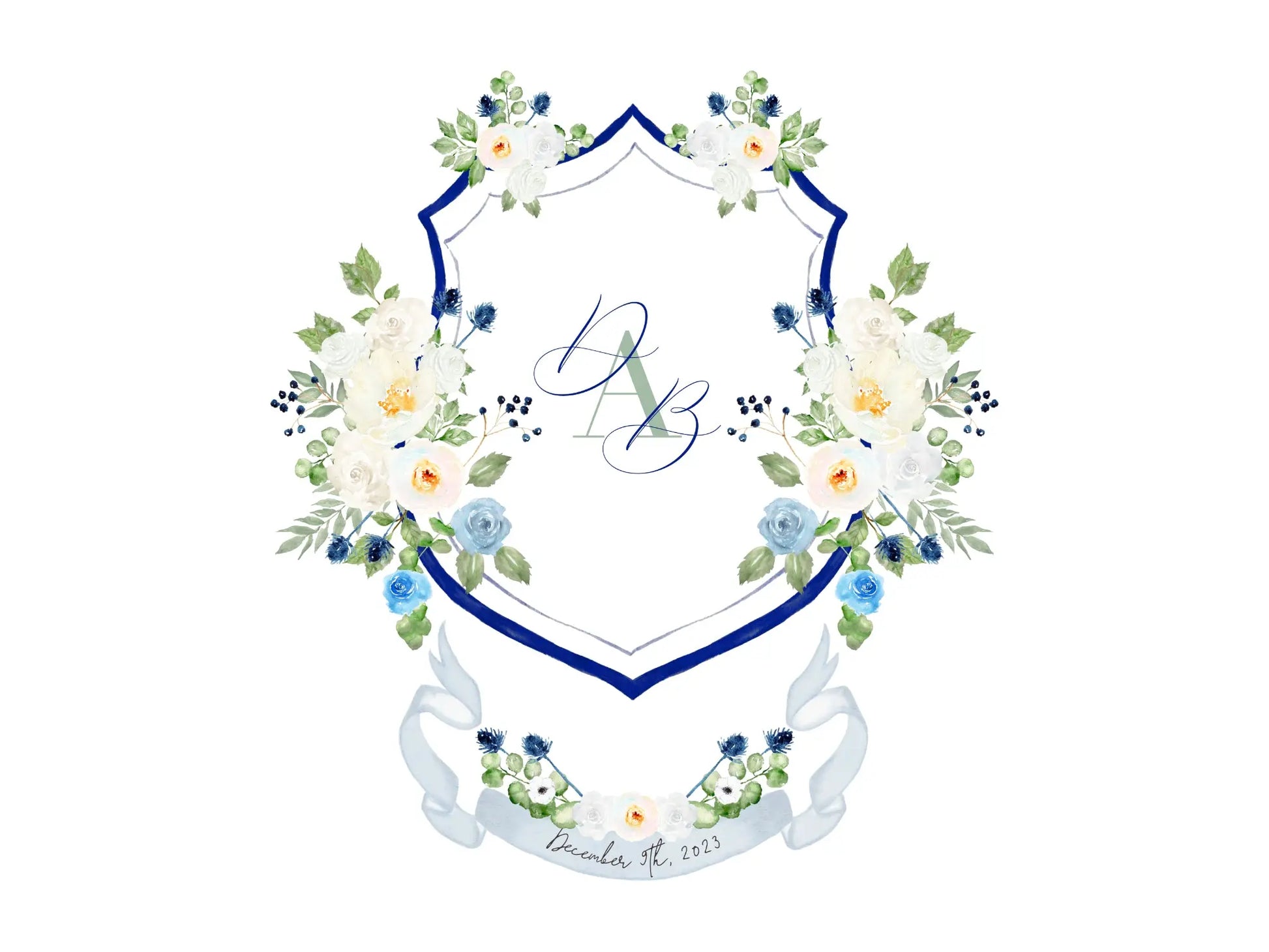 White Roses and Peonies wedding crest, monogram crest, watercolor crest, white floral crest The Wedding Crest Lab