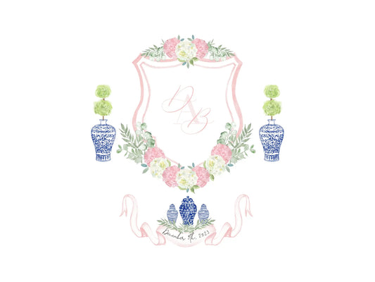 Blue ginger jars wedding crest, pink and white hydrangea wedding crest, monogram crest, watercolor crest, hydrangeas floral crest