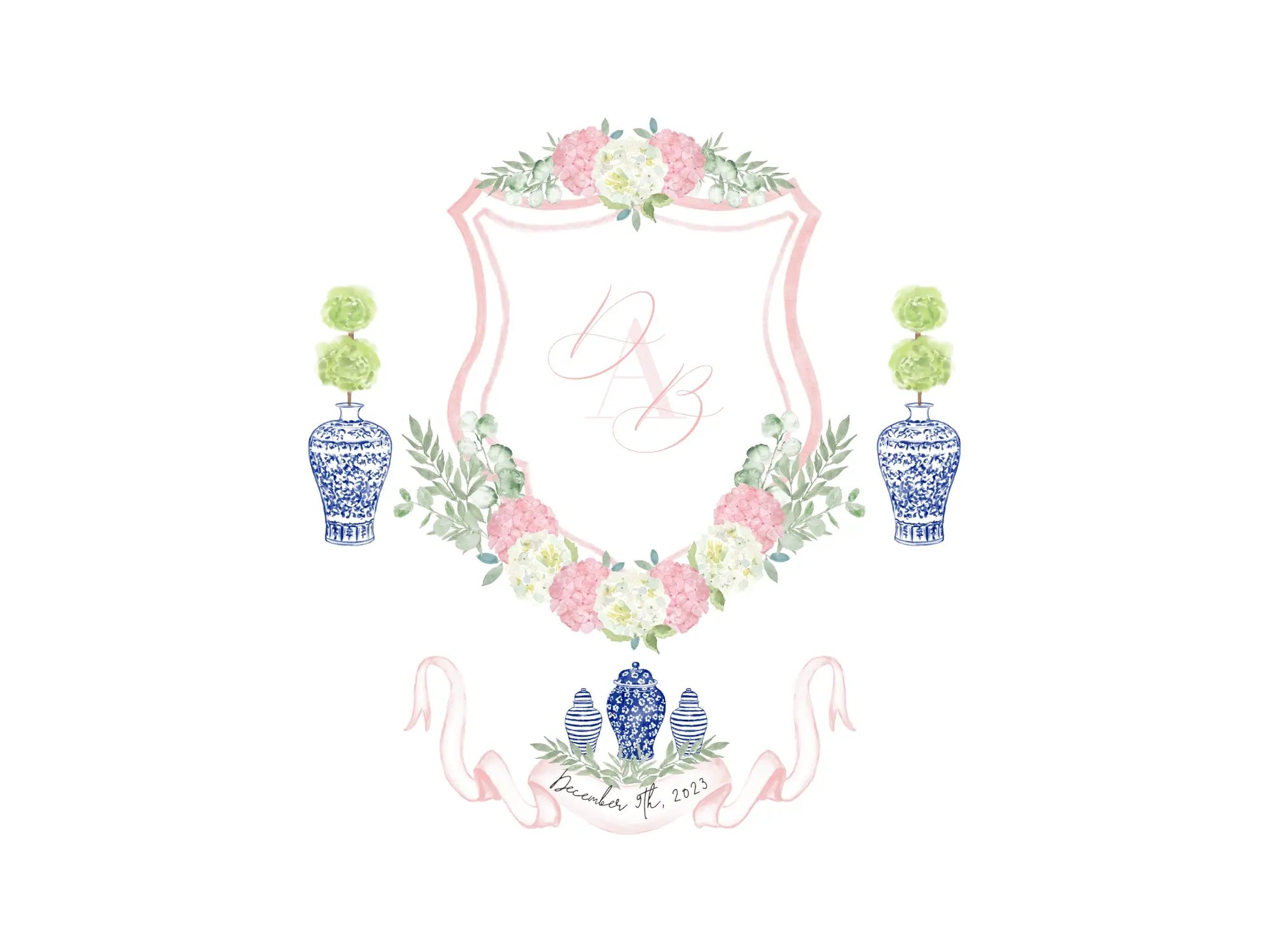Blue ginger jars wedding crest, pink and white hydrangea wedding crest, monogram crest, watercolor crest, hydrangeas floral crest The Wedding Crest Lab