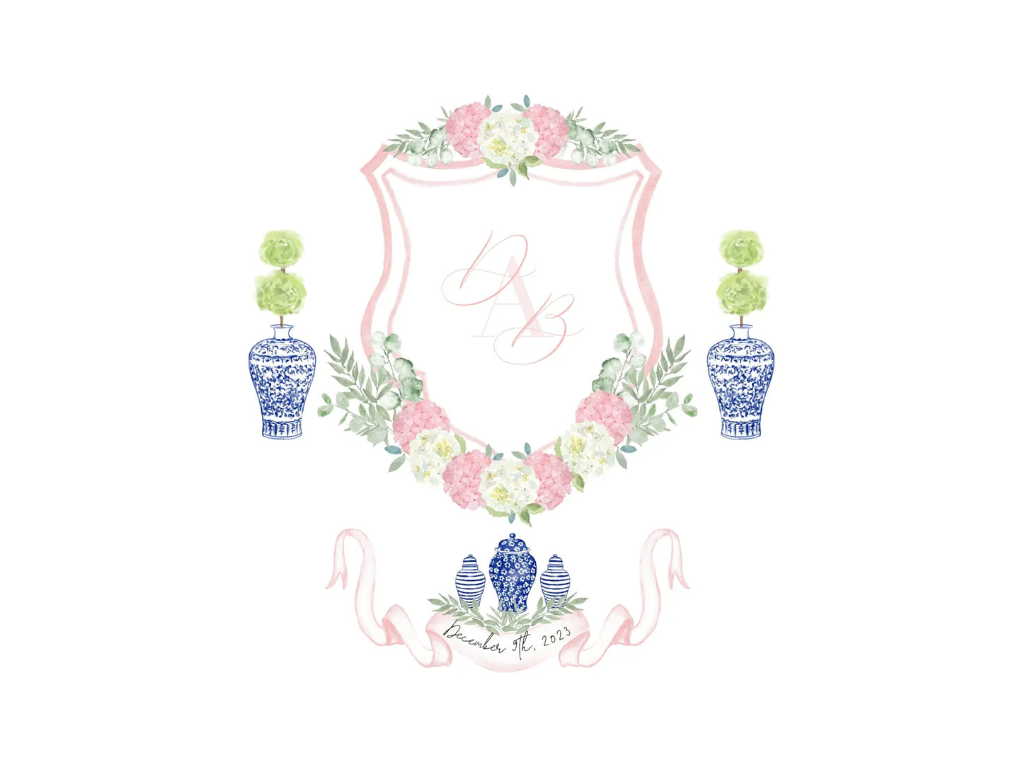 Blue ginger jars wedding crest, pink and white hydrangea wedding crest,  monogram crest, watercolor crest, hydrangeas floral crest