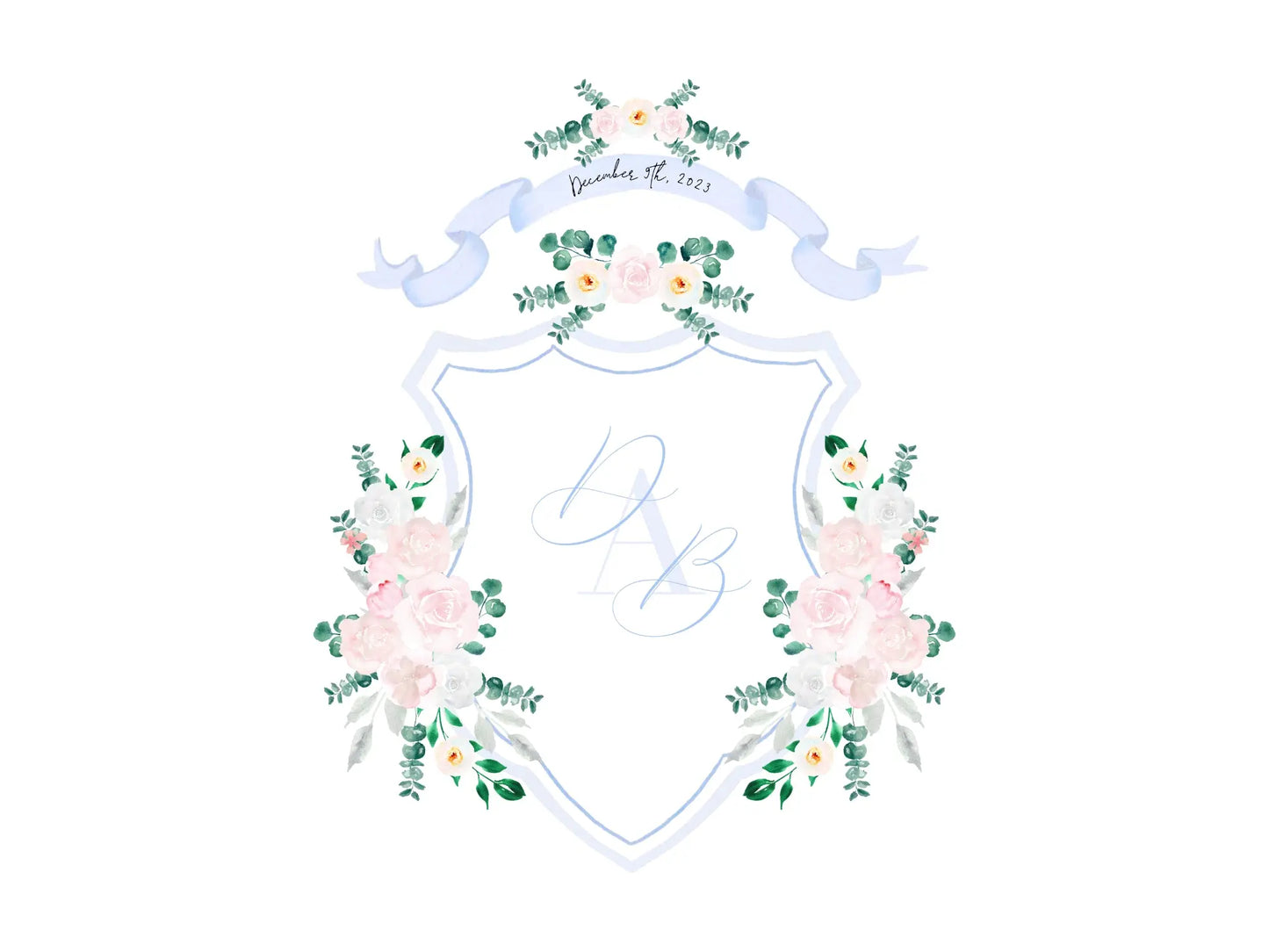 Dusty blue wedding crest with blush watercolor flowers The Wedding Crest Lab