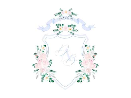 Dusty blue wedding crest with blush watercolor flowers The Wedding Crest Lab