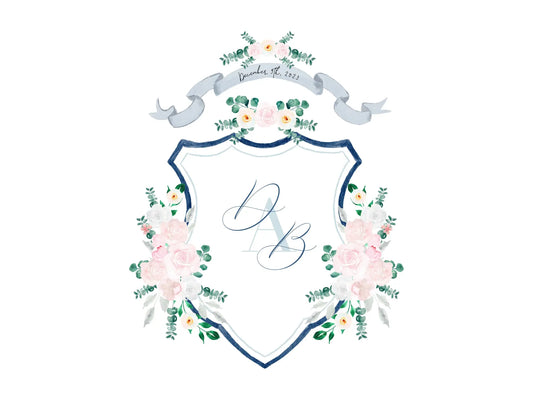 Navy blue wedding crest with blush watercolor flowers