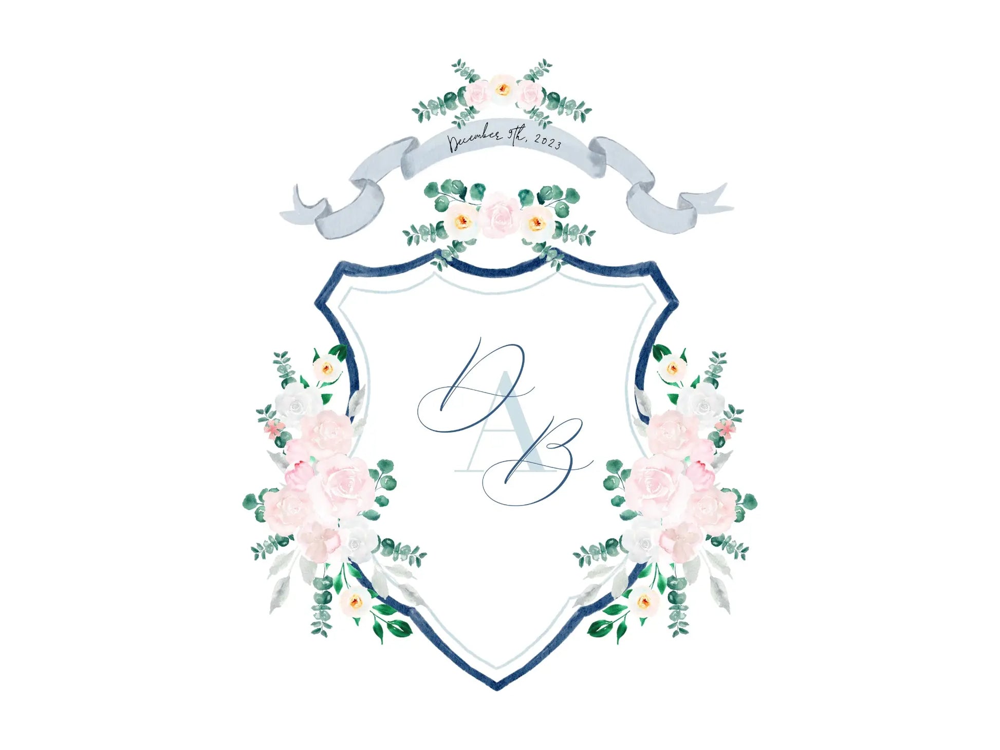 Navy blue wedding crest with blush watercolor flowers The Wedding Crest Lab