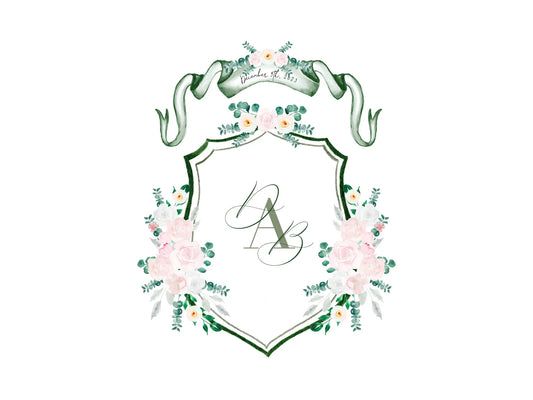 Green wedding crest with blush watercolor flowers