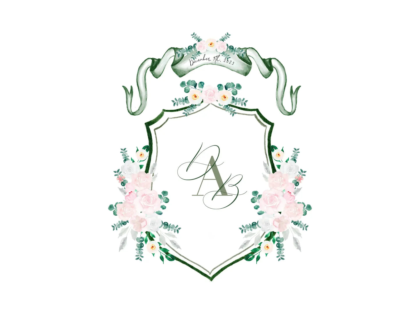 Green wedding crest with blush watercolor flowers The Wedding Crest Lab