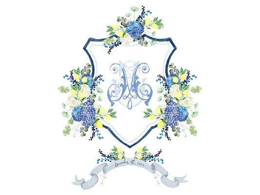 Blue ginger jars wedding crest with lemons, blue and white hydrangea wedding crest, monogram crest, watercolor crest, lemons floral crest