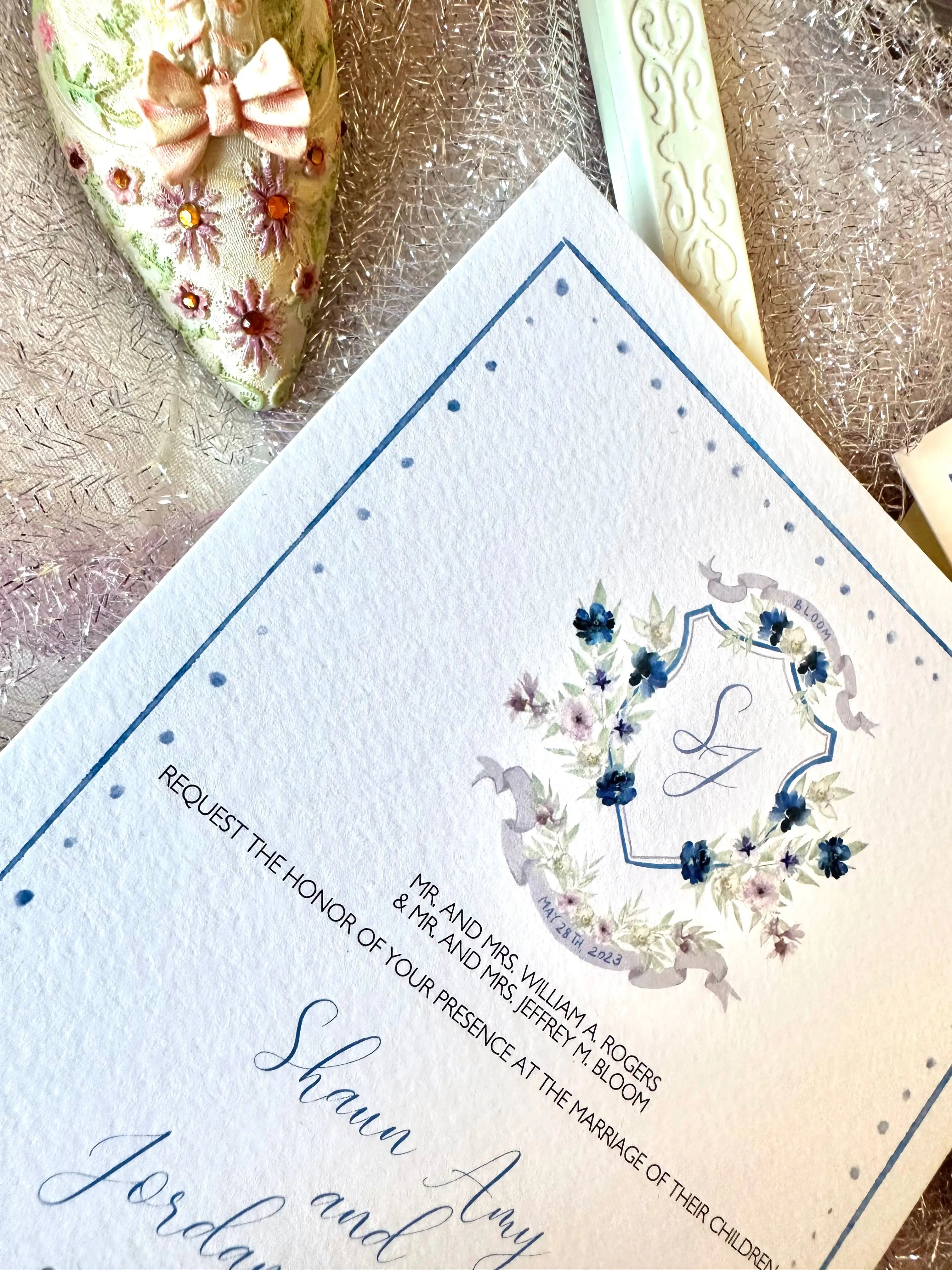 Additional details card with watercolor flowers The Wedding Crest Lab
