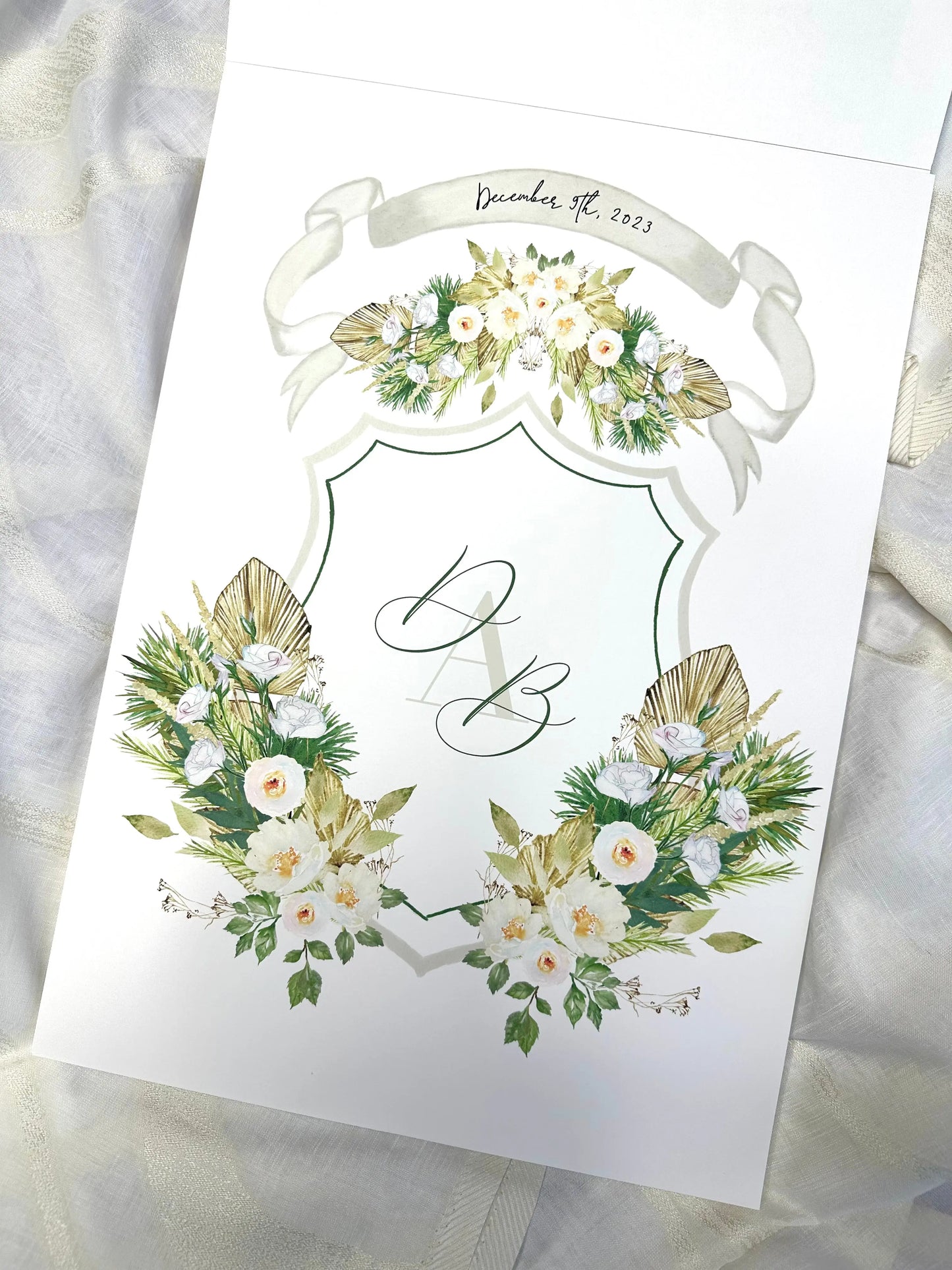Wedding crest with dried palms and watercolor white flowers The Wedding Crest Lab